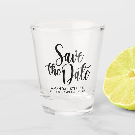 Elegant Typography Wedding Save the Date Shot Glas (Voorkant)