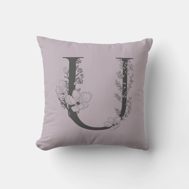 Elegant U Boho Floral Monogram Initiaal Lila grijs Kussen (Voorkant)