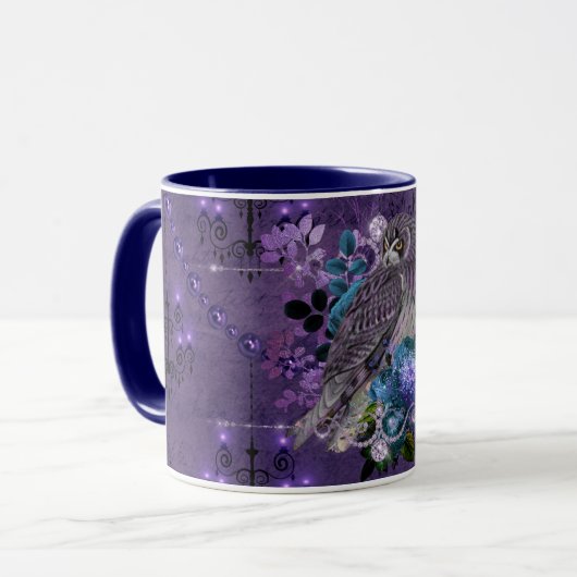 Elegant uil,  blaasjes en juwelen mok (Voorkant links)