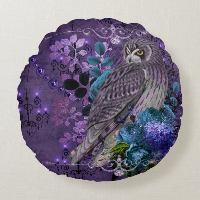 Elegant uil florale  blaasjes en juwelen rond kussen (Voorkant)