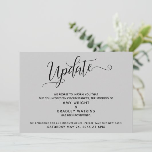 Elegant uitgestelde bruiloft aankondiging grijs (Staand voorkant)