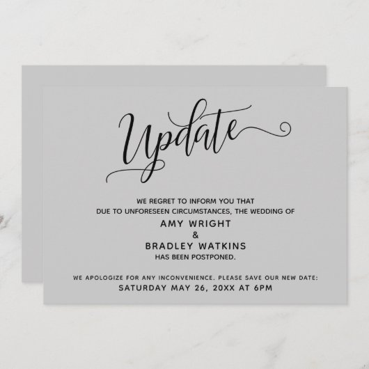Elegant uitgestelde bruiloft aankondiging grijs (Voorkant / Achterkant)