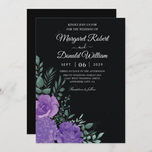 Elegant uitnodiging voor een paarse bruiloft met z (Voorkant / Achterkant)