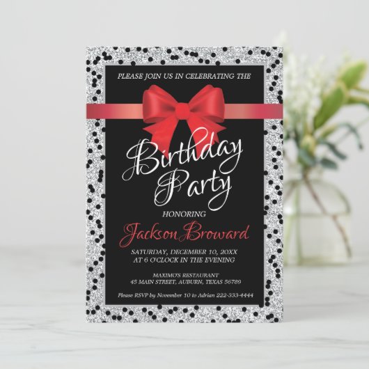 Elegant uitnodiging voor zwarte en witte verjaarda (Staand voorkant)