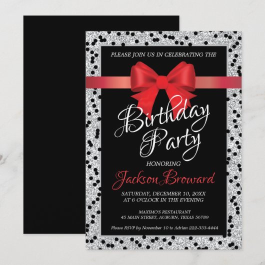 Elegant uitnodiging voor zwarte en witte verjaarda (Voorkant / Achterkant)