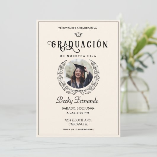 Elegant uitnodigingsscript voor Spaanse afgestudee Kaart (Staand voorkant)