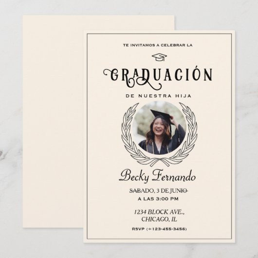 Elegant uitnodigingsscript voor Spaanse afgestudee Kaart (Voorkant / Achterkant)