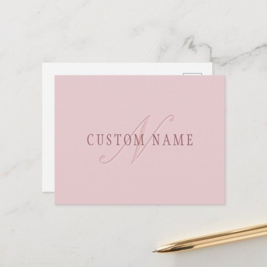 Elegant Uitziend Monogram | Roze Goud Briefkaart (Voorkant / Achterkant in situ)