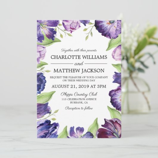 Elegant Ultra Violet Waterverf Tulips Weddenschap Kaart (Staand voorkant)