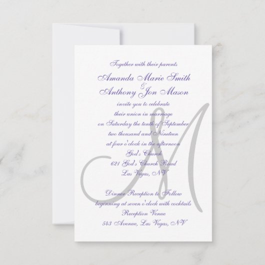 Elegant Ultra Violet Wedding Initiaal Kaart (Achterkant)