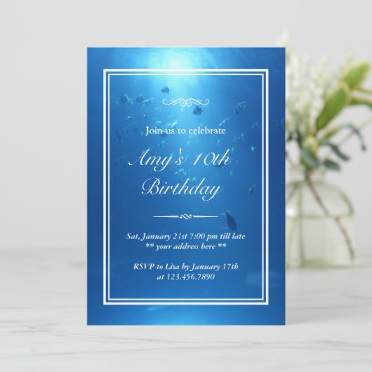 Elegant Underwater Zee Theme Birthday Party Invite Kaart (Staand voorkant)