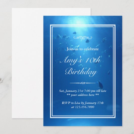 Elegant Underwater Zee Theme Birthday Party Invite Kaart (Voorkant / Achterkant)
