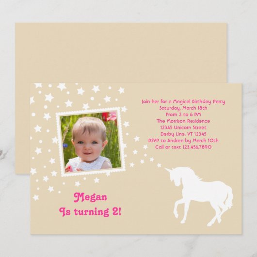 Elegant Unicorn Birthday Party Photo Invitation Kaart (Voorkant / Achterkant)