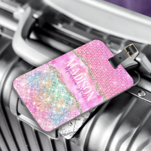 Elegant unicorn roze glitter rhinestone monogram bagagelabel