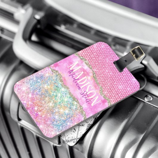 Elegant unicorn roze glitter rhinestone monogram bagagelabel