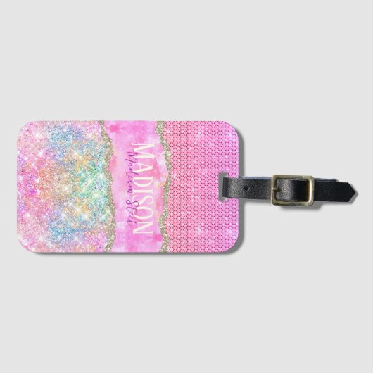 Elegant unicorn roze glitter rhinestone monogram bagagelabel (Voorkant (horizontaal))