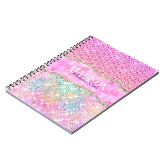 Elegant unicorn roze glitter rhinestone monogram notitieboek (Linkerzijde)
