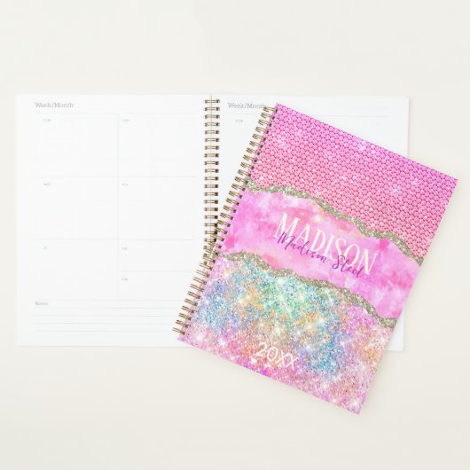 Elegant unicorn roze glitter rhinestone monogram planner (Display)