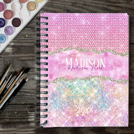 Elegant unicorn roze glitter rhinestone monogram planner