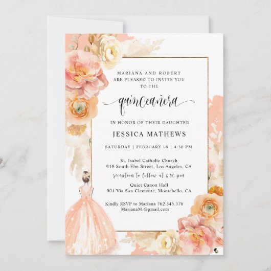 Elegant, uniek peach Floral prinses Quinceañera Kaart (Voorkant)