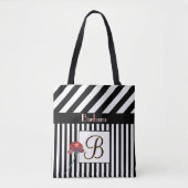 Elegant Unieke monogram Naam Zwarte Witte Stripes Tote Bag (Voorkant)