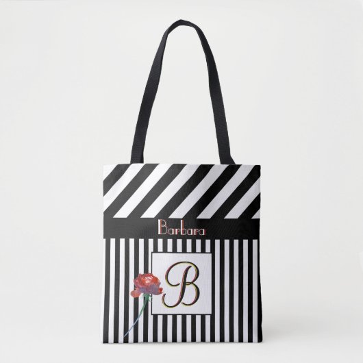 Elegant Unieke monogram Naam Zwarte Witte Stripes Tote Bag (Voorkant)