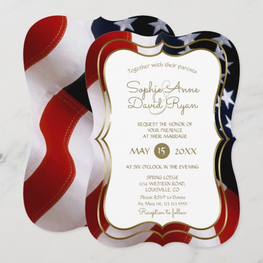 Elegant Unique USA Flag Gold Wedding Invite Kaart (Voorkant / Achterkant)