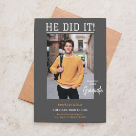 Elegant Unisex "Hij deed het" Foto Afstuderen Kaart