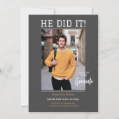 Elegant Unisex "Hij deed het" Foto Afstuderen Kaart (Voorkant)