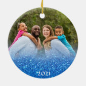 Elegant Unto US Scripting Blue Glitter 2 Foto Keramisch Ornament (Achterkant)