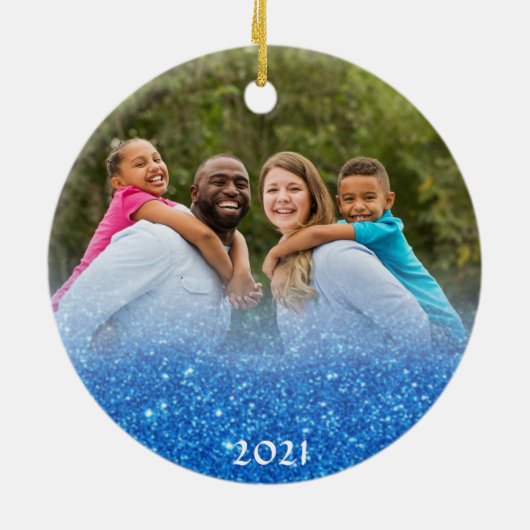 Elegant Unto US Scripting Blue Glitter 2 Foto Keramisch Ornament (Achterkant)