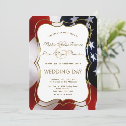 Elegant USA Flag Gold Wedding Custom Invite Kaart (Staand voorkant)