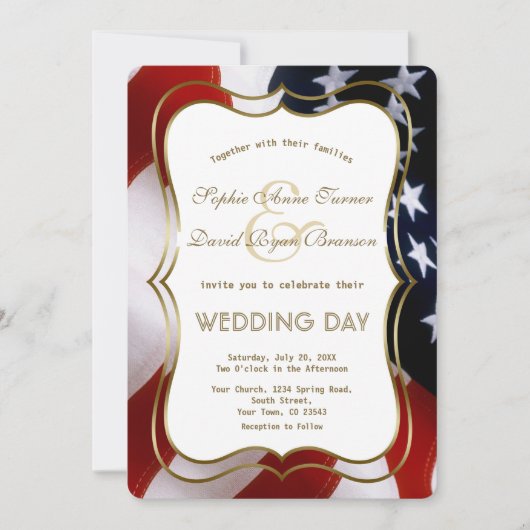Elegant USA Flag Gold Wedding Custom Invite Kaart (Voorkant)