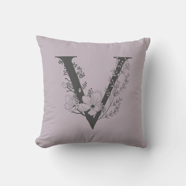 Elegant V Boho Floral Monogram Initiaal Lila grijs Kussen (Voorkant)