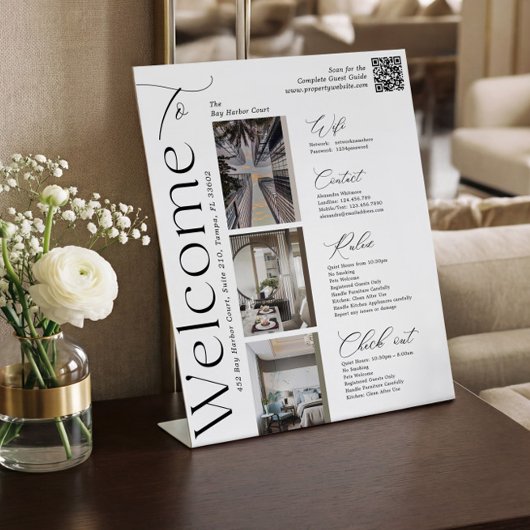 Elegant Vacation Rental Host Photo QR Welcome Sign Reclamebord Met Voetstuk