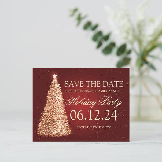 Elegant vakantiefeest Bewaar de datum goud rood Aankondigingskaart (Staand voorkant)