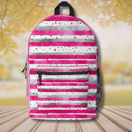 Elegant Valentine Pink Silver Hearts on Striped Bedrukte Rugzak