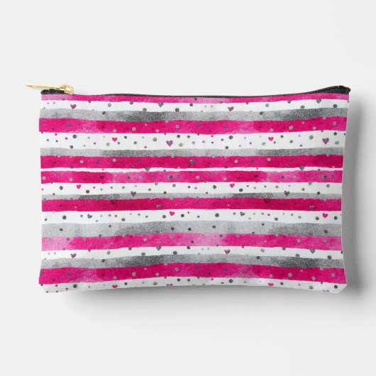 Elegant Valentine Pink Silver Hearts on Striped Etui (Voorkant)
