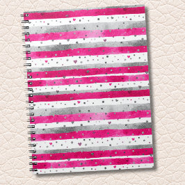 Elegant Valentine Pink Silver Hearts on Striped Notitieboek