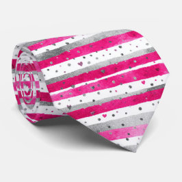 Elegant Valentine Pink Silver Hearts on Striped Stropdas
