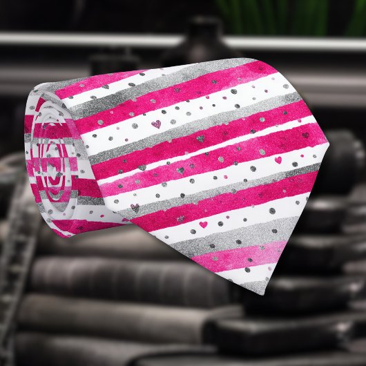 Elegant Valentine Pink Silver Hearts on Striped Stropdas