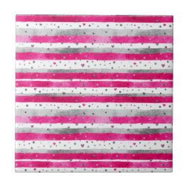 Elegant Valentine Pink Silver Hearts on Striped Tegeltje