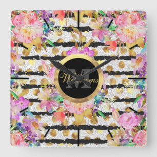 Elegant van de lentebloemen en strepen ontwerp vierkante klok