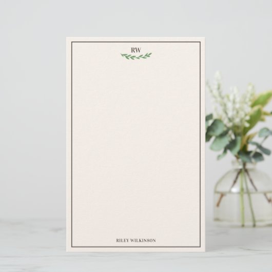 Elegant van White Brown Green Greenery Monogram Briefpapier (Staand voorkant)
