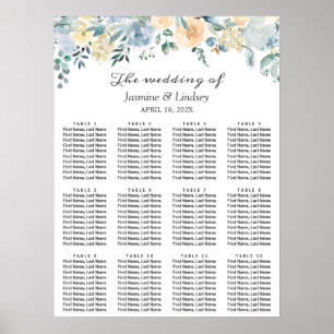 Elegant Vanilla Blue Floral Wedding Seding Chart Poster