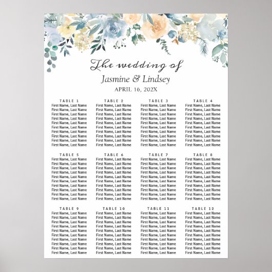 Elegant Vanilla Blue Floral Wedding Seding Chart Poster (Voorkant)
