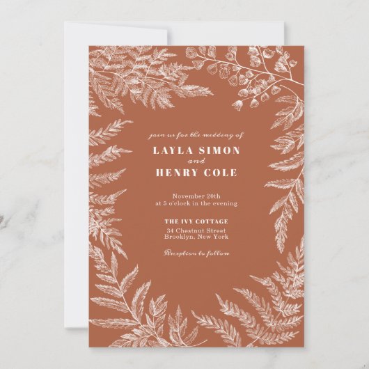 Elegant Varensblad Botanisch Terracotta Trouwfeest Kaart (Voorkant)