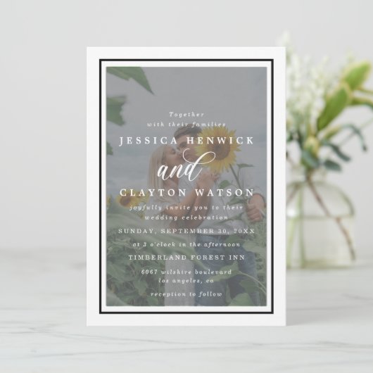 Elegant Vellum Black & White Overlay Photo Wedding Kaart (Staand voorkant)