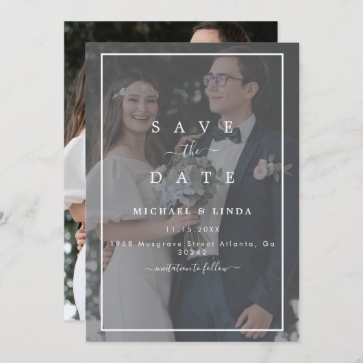 Elegant Vellum Black & White Overlay Photo Wedding Save The Date (Voorkant / Achterkant)