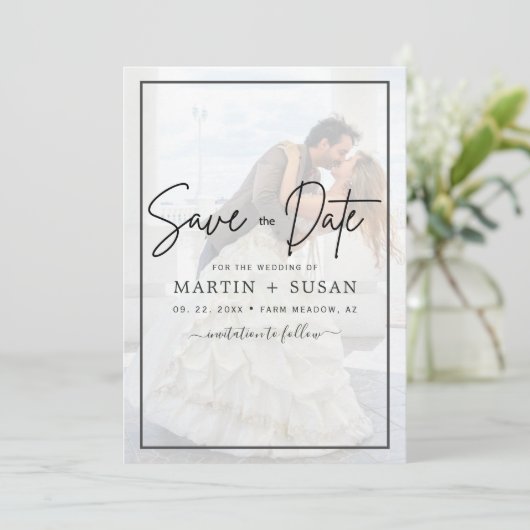 Elegant Vellum Black & White Overlay Photo Wedding Save The Date (Staand voorkant)